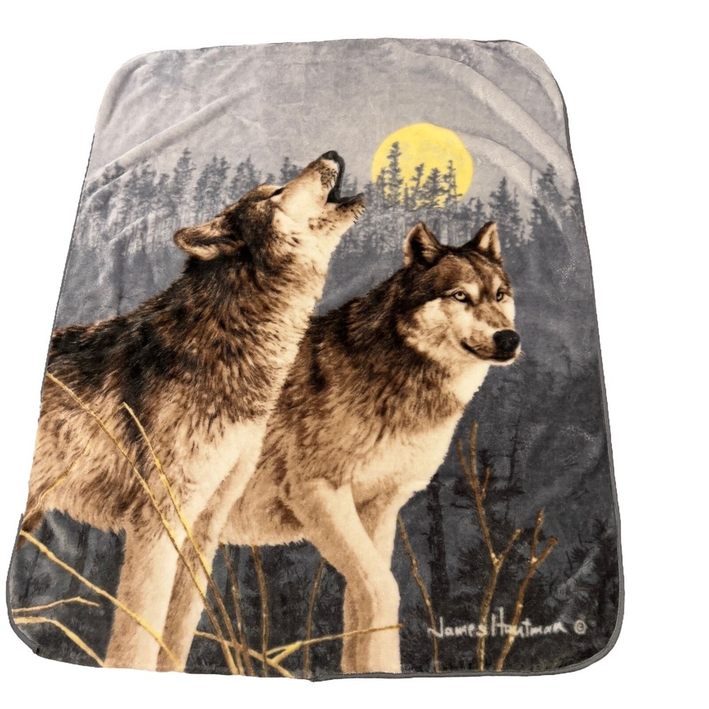 James Hautman Fleece Blanket 2016 HOWL AT THE MOON Throw 60x48 Wolves READ